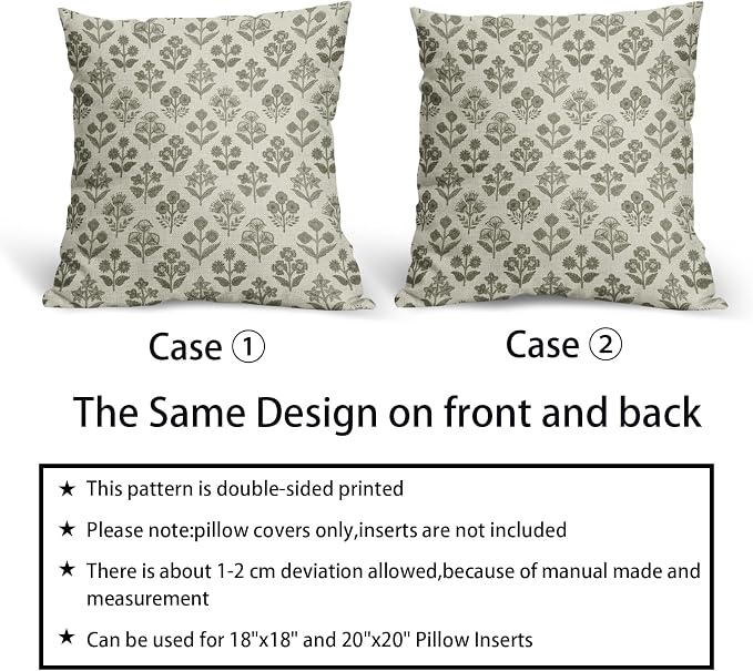 Olive Green Floral Pillow Covers 24x24 Inch Set of 2, Vintage Flower Block - Image 6