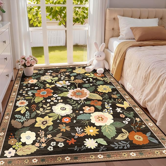 RELEANY Floral Nursery 3x5 Area Rugs Washable Print Boho Cute Carpet Non Slip by RELEANY