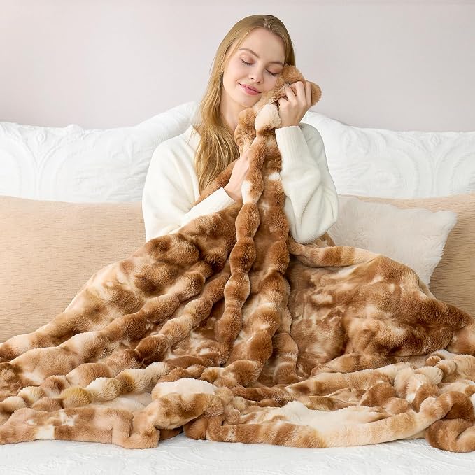 Cozy Bliss Deluxe Striped Rabbit Faux Fur Throw Blanket, Soft Fluffy Warm Plush by CozyBliss
