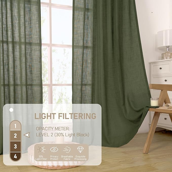 LAMIT Olive Green Linen Curtains 80 inch Length 2 Panels, Light Filtering Semi - Image 4