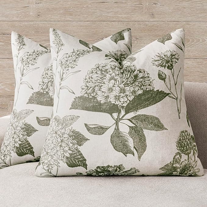 Foindtower Set of 2 Linen Floral Throw Pillow Covers Neutral Vintage Print by Foindtower