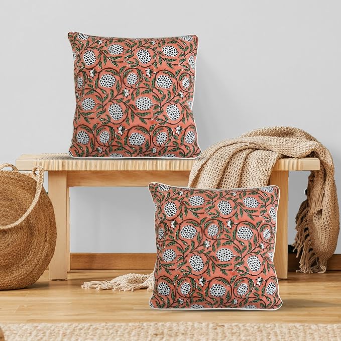 Ridhi Block Print Dark Salmon Pink Pillow Cover 18" x 18" Decorative Couch - Image 2