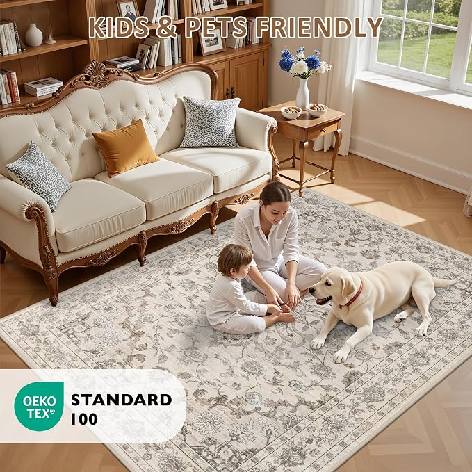 Area Rugs 10x14 Living Room Rug: Washable Rug Soft Vintage Distressed Floral - Image 8