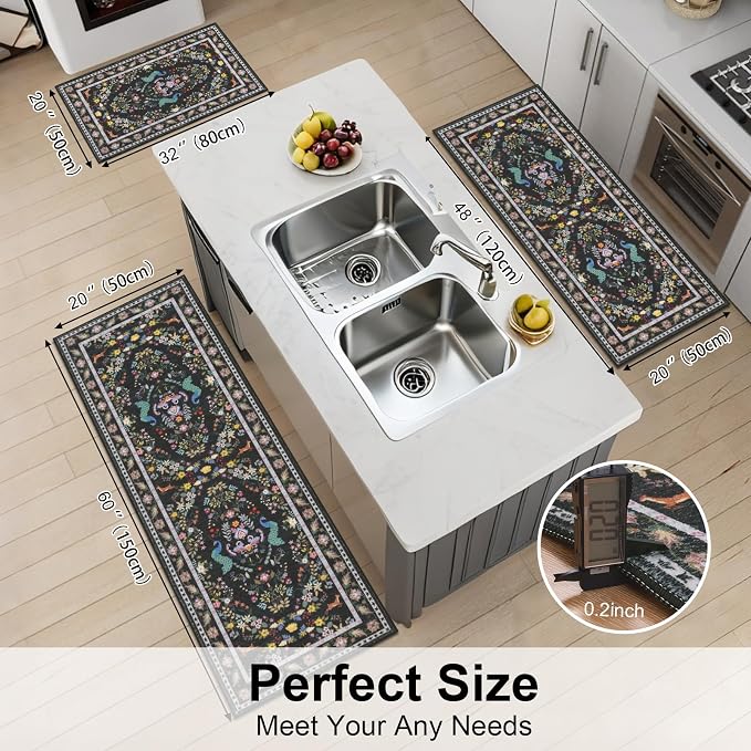 HEBE Washable Kitchen Rugs Sets of 3, Non Slip Absorbent Kitchen Rugs and Mats - Image 2
