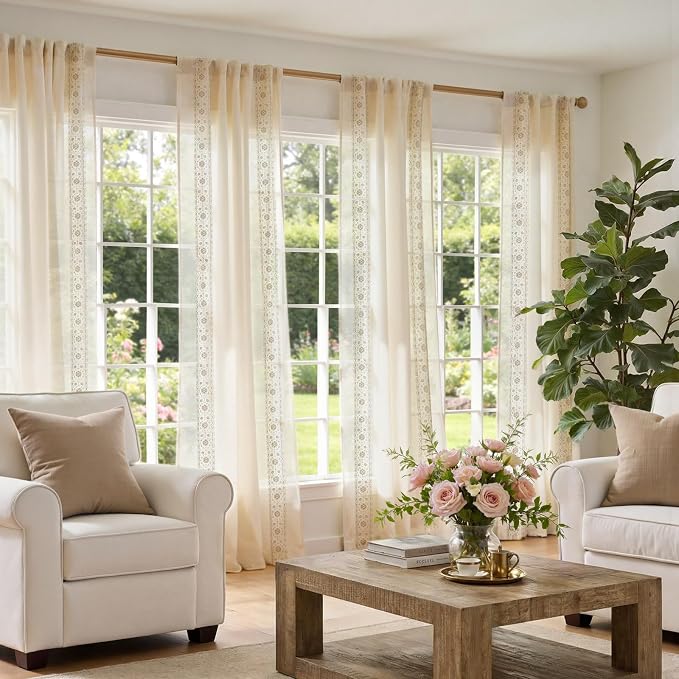jinchan Weslie Beige Floral Sheer Curtains - Image 7