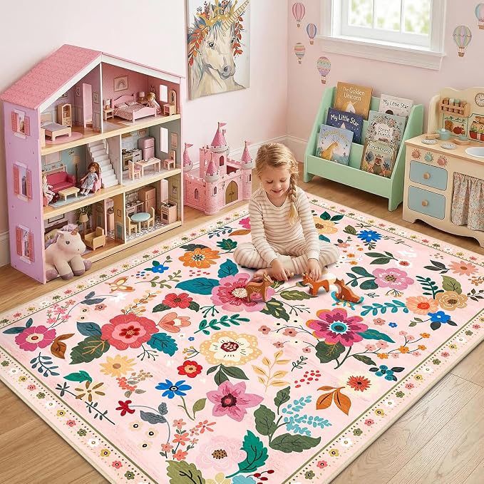 RELEANY Floral Nursery 4x6 Area Rugs Washable Print Boho Cute Carpet Non Slip - Image 2