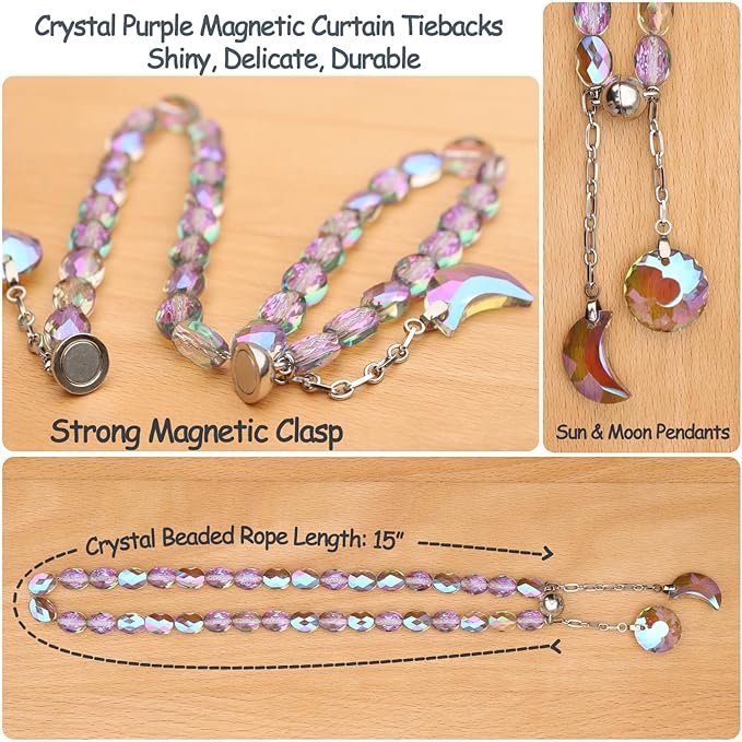 PEDOBO Magnetic Curtain Tiebacks, 2 Pack Crystal Beaded Sun & Moon Pendants - Image 3