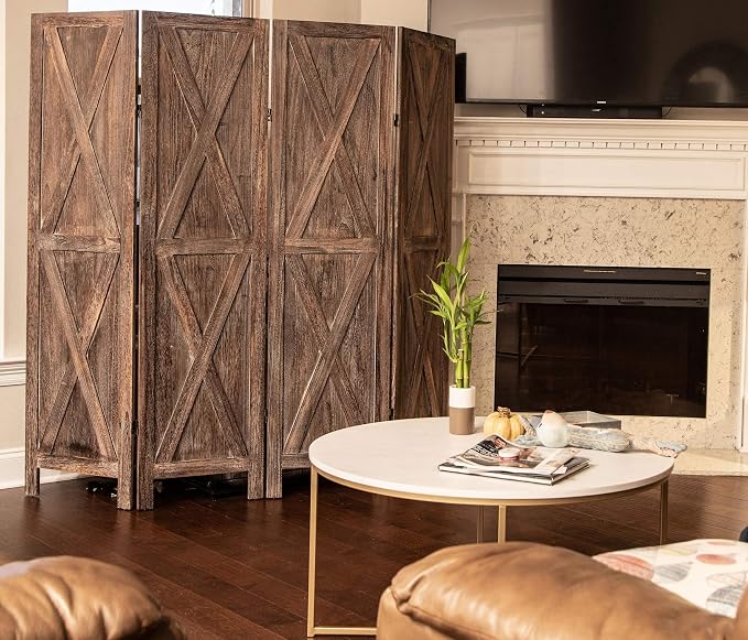 Premium Home 4-Panel Room Divider – Rustic Brown Barn Door, X Pattern Folding - Image 3