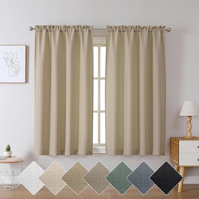 Chyhomenyc Camel Curtains 54 Inch Length 2 Panels, Faux Linen Textured Semi - Image 2