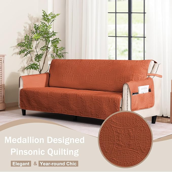 Burnt Orange Sofa Covers with Pockets, Anti-Slip Medallion Couch Covers - Image 2
