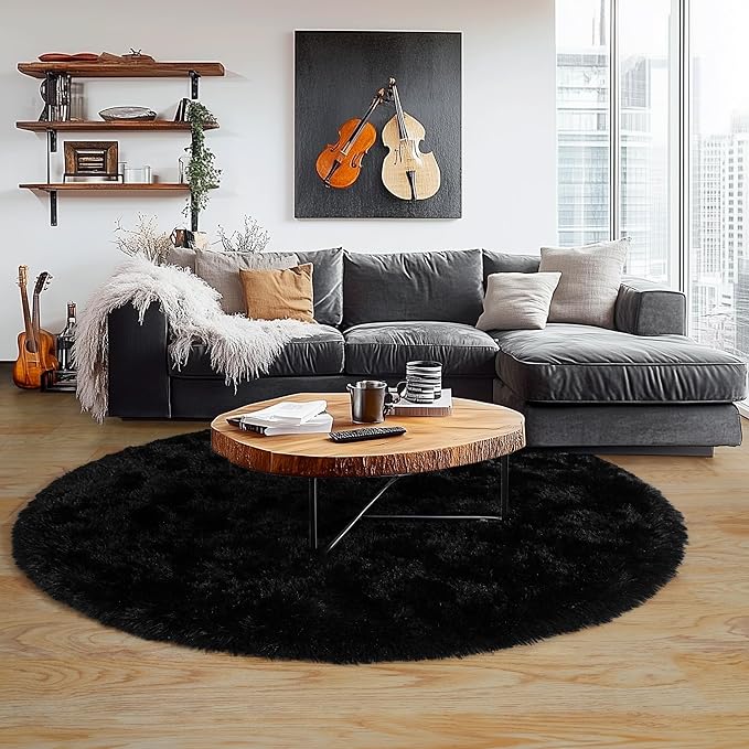 6‘x6’ Black Round Rug for Bedroom, Ultra Soft Fluffy Circle Rug for Kids Girls - Image 3
