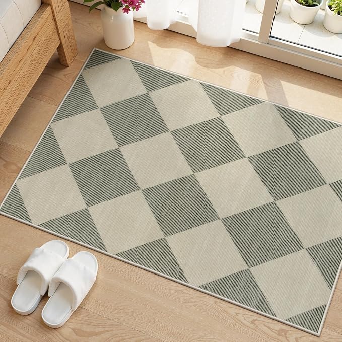 Beeiva Checkered Washable Entryway Rug 2x3, Non Slip Ultra Thin Green Front by Beeiva
