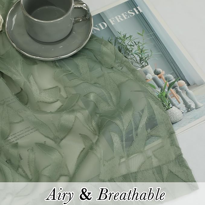 Lecloud Leia Sage Green Sheer Kitchen Curtains 30 Inch Length 2 Pcs, Jacquard - Image 2