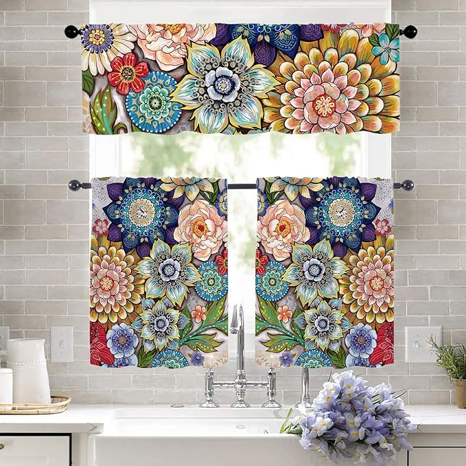 Boho Flower Kitchen Curtains Colorful Oil Painting Flowers Design - Image 3