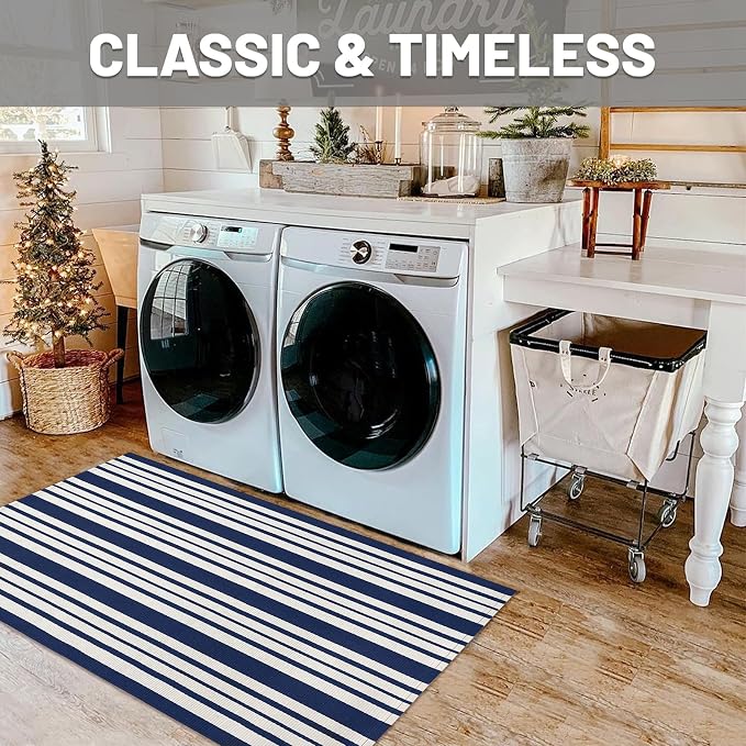 IOHOUZE Navy and White Striped Rug 2.3'x3.6' Front Door Rugs Outdoor, Small - Image 4