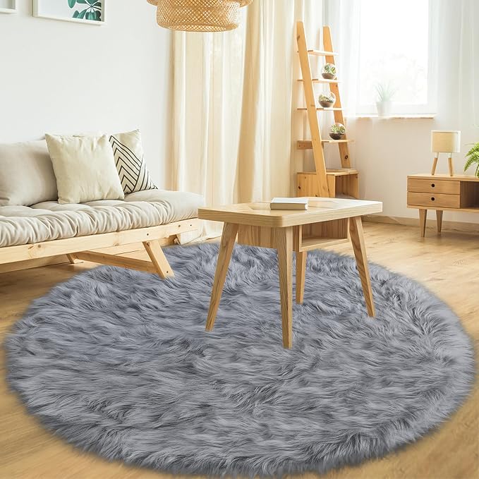 Grey Faux Fur Round Rugs for bedroom Living Room, Furry Carpet for Teen - Image 5