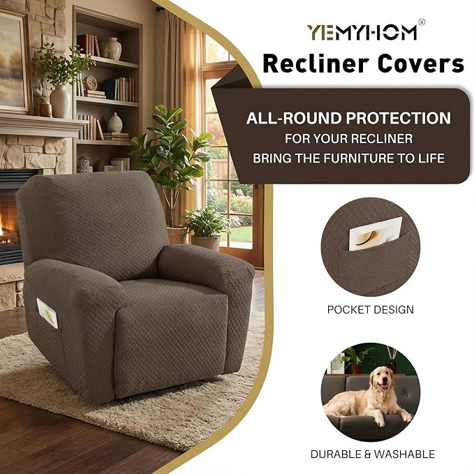 YEMYHOM 4 Pieces Stretch Recliner Slipcover Latest Jacquard Recliner Chair Cover - Image 3