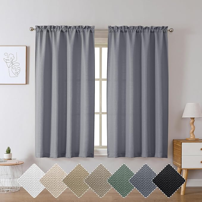 Chyhomenyc Dark Grey Curtains 54 Inch Length 2 Panels, Faux Linen Textured Semi - Image 2