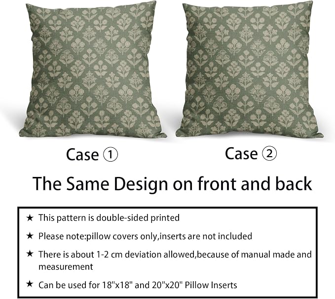 Sage Green Floral Pillow Covers 24x24 Inch Set of 2, Vintage Flower Block Print - Image 6