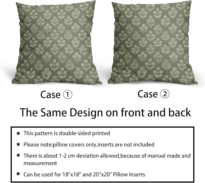 Sage Green Floral Pillow Covers 22x22 Inch Set of 2, Vintage Flower Block Print - Image 6