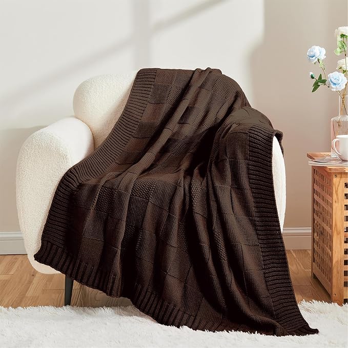 CozeCube Check Knit Throw Blanket, Dark Brown Checkered Throw - Image 7