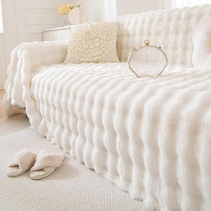 VClife Soft Plush Faux Fur Couch Cover, Warm Fuzzy White Sofa Covers - Image 6