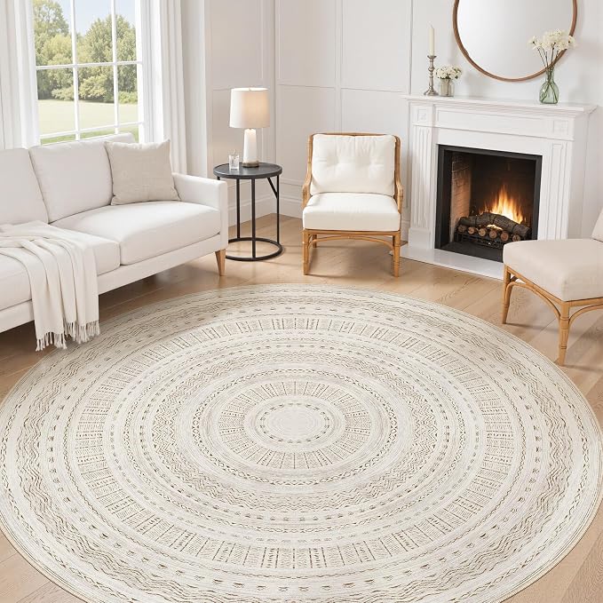 cotiled 8x8 Round Area Rug Living Room: Washable Boho Rugs by COTILED