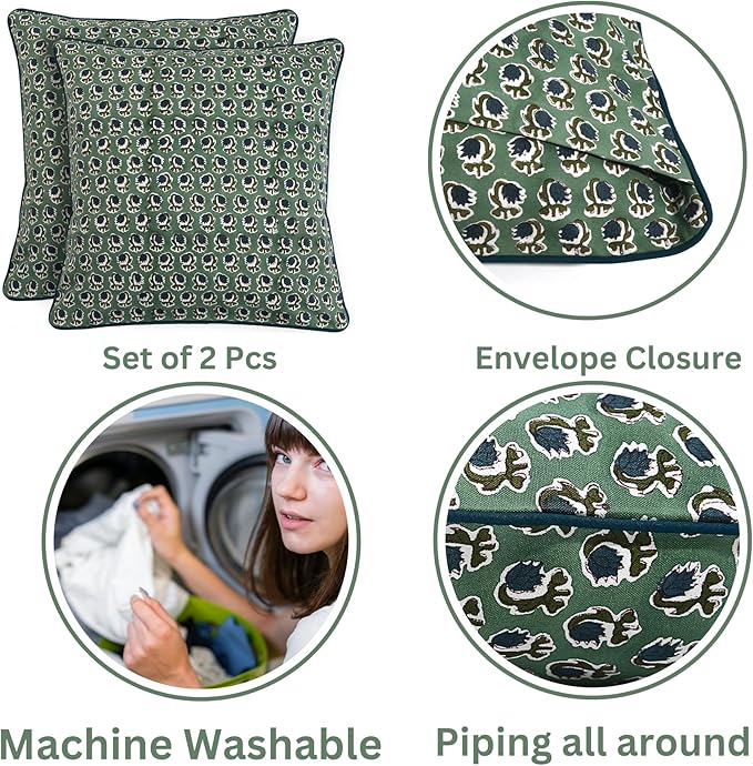 Ridhi Block Print Basil Green Pillow Cover 16" x 16" Decorative Couch Pillows - Image 3