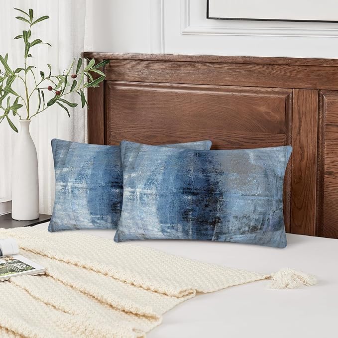 Blue and Grey Abstract Art Artwork Pillow Cover, Gallery Modern Decorative - Image 3