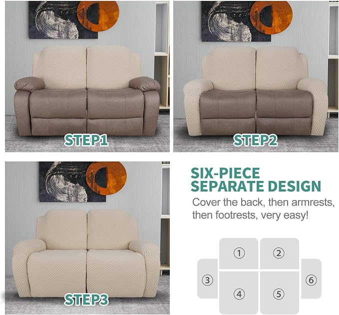 YEMYHOM 6 Pieces Stretch Loveseat Recliner Slipcover Jacquard Recliner Sofa - Image 7