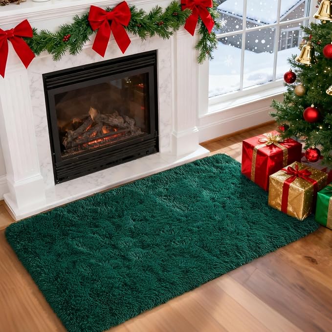 Merelax Fluffy Shaggy Small Area Rug, Deep Green 2x4 Runner Rugs by Merelax