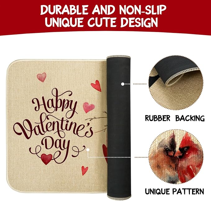 Valentines Day Door Mat, Cardinal Birds Love Hearts Indoor Outdoor Non-Slip - Image 7