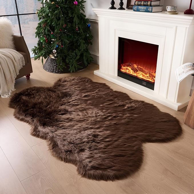 Fluffy Faux Fur Rug Coffee Sheepskin Area Rug, 4x6 Ft Ultra Soft Shaggy Plush - Image 3