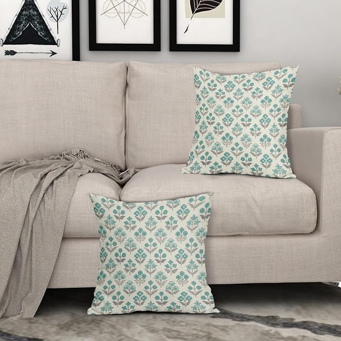 Teal Grey Gray Floral Block Print Pillow Covers 18x18 Inch Set of 2, Vintage - Image 3