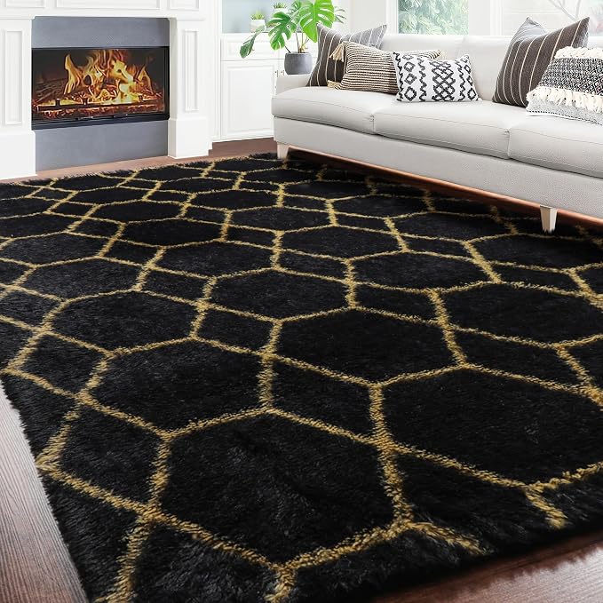 ONASAR 5x7 Area Rugs for Living Room Bedroom, Fluffy Black and Gold Faux Fur Rug - Image 4