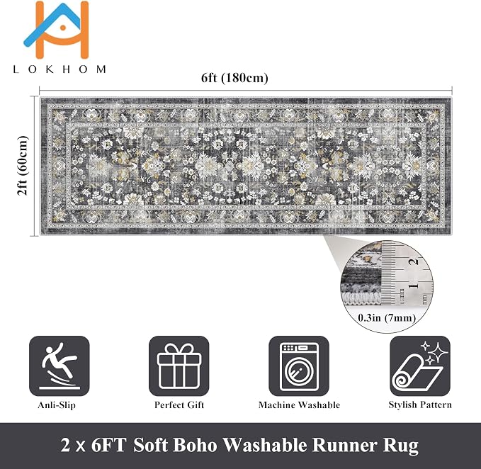 LOKHOM Washable Runner Rug, 2x6 Non-Slip Vintage Kitchen Rug - Image 2