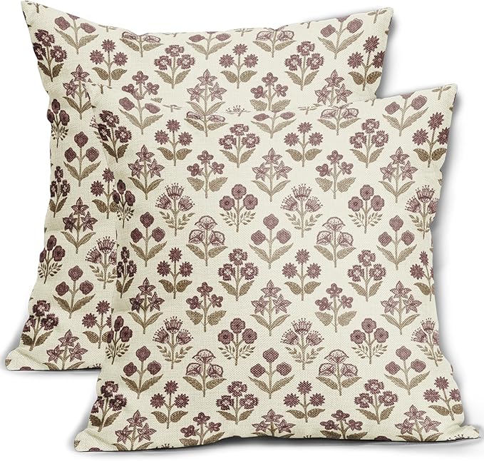 Brown Burgundy Red Floral Block Print Pillow Covers 16x16 Inch Set of 2 by Sivirary