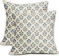 Brown Blue Floral Block Print Pillow Covers 18x18 Inch Set of 2, Vintage Flower by Sivirary