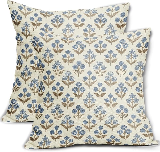 Brown Blue Floral Block Print Pillow Covers 16x16 Inch Set of 2, Vintage Flower by Sivirary