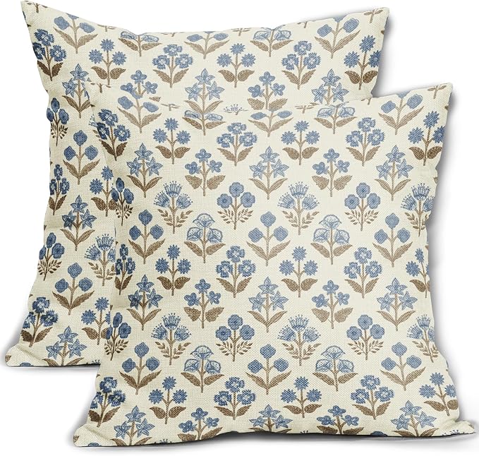 Brown Blue Floral Block Print Pillow Covers 20x20 Inch Set of 2, Vintage Flower by Sivirary