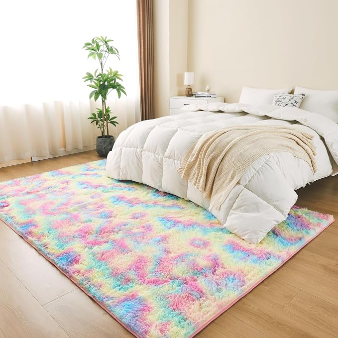 Litanika 3x5 Shag Area Rug for Living Room Bedroom, Tie-Dyed Rainbow High Pile - Image 3