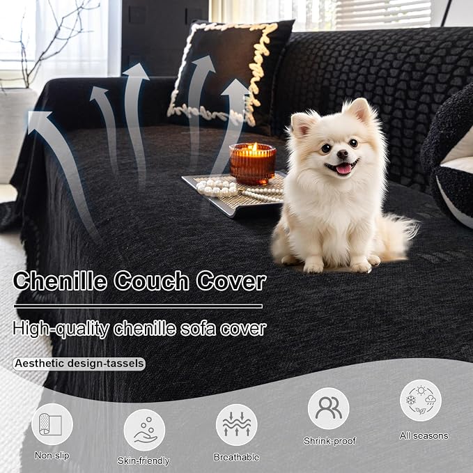 ROOMLIFE Black Couch Cover Sofa Covers, Chenille Couches Covers - Image 2