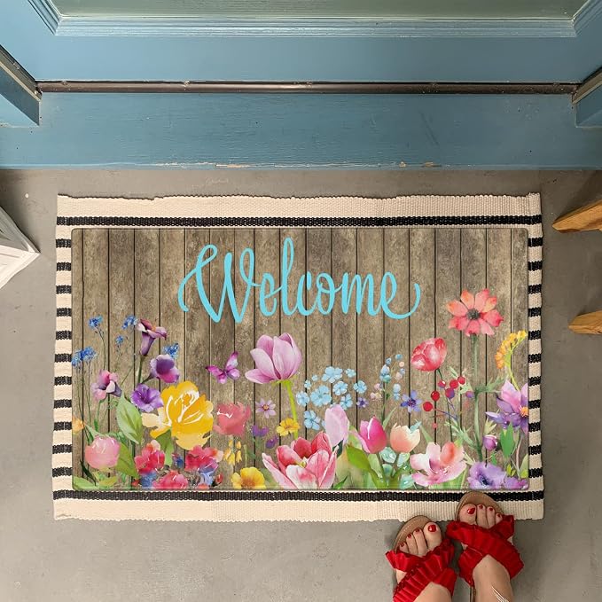 Spring Summer Door Mat, Colorful Flower Watercolor Floral Indoor Outdoor - Image 2