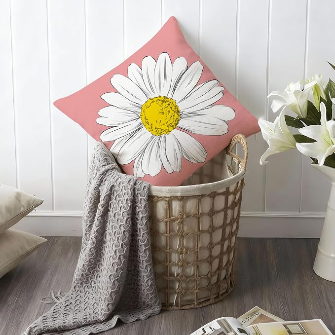 Hexagram Spring Summer Pillow Covers 18x18 Set of 4, Outdoor Floral Daisy - Image 4