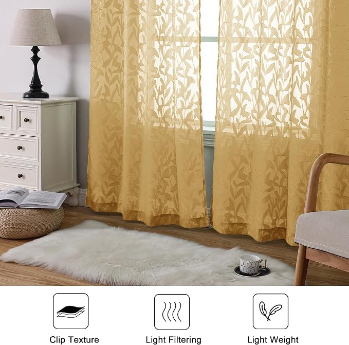 Lecloud Leia Dark Gold Sheer Curtains 96 Inches Long 2 Panels, Jacquard Leaf - Image 7