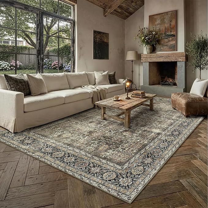 PureCozy Vintage Area Rug 12x15 Brown Washable Living Room Large Carpet Non - Image 2