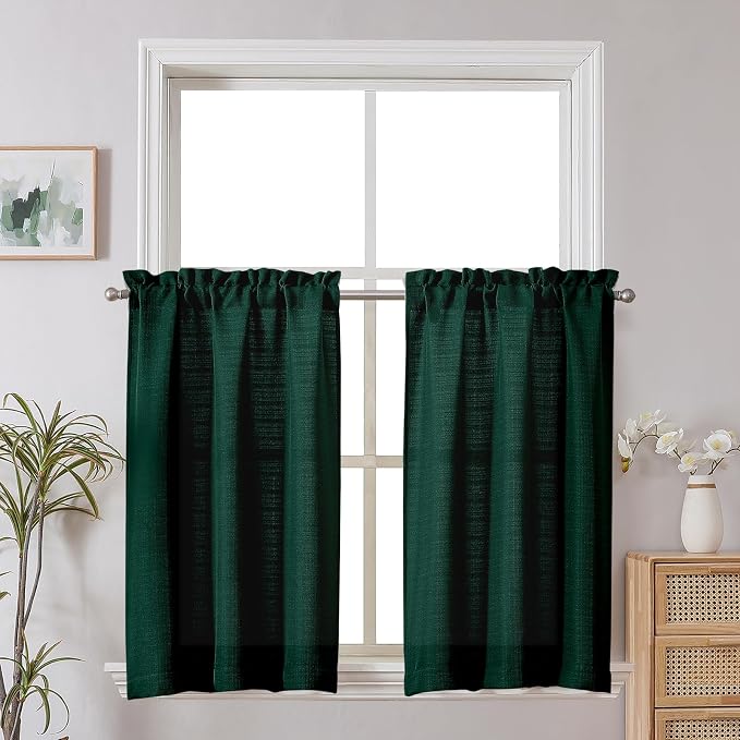 Chyhomenyc Christmas Hunter Green Kitchen Curtains 36 Inch Length, Faux Linen by Chyhomenyc