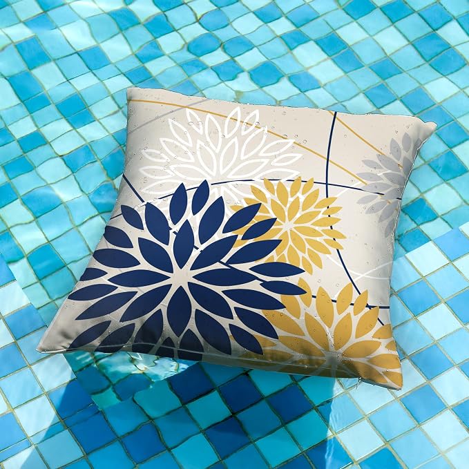 Outdoor Pillow Covers 18x18 Inch Set of 2 Navy Blue Yellow Outdoor Waterproof - Image 2