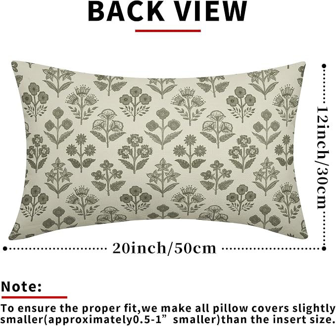 Olive Green Floral Pillow Covers 12x20 Inch Set of 2, Block Print Lumbar Flower - Image 3