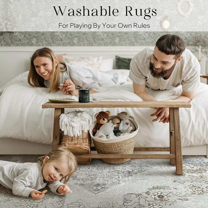 Phantoscope Washable Area Rug 9'x12' Non-Slip, Vintage Neutral Rugs - Image 8